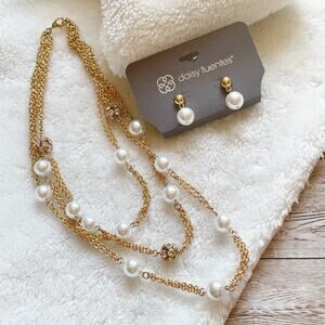 Daisy Fuentes Faux Pearl Layered Necklace Earring Set Gold Tone Rhinestones New